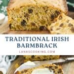 A loaf of Irish barmbrack with sliced pieces, one slice topped with butter on a white plate.
