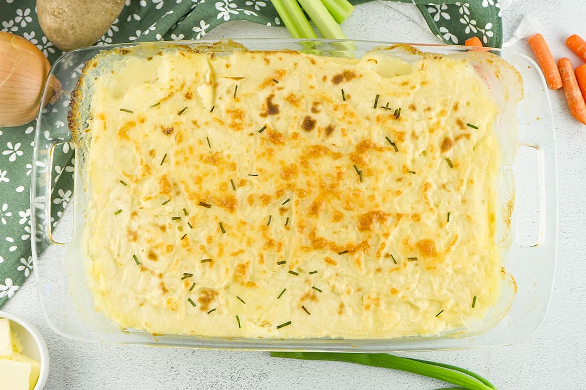 Finished fish pie in a baking dish.