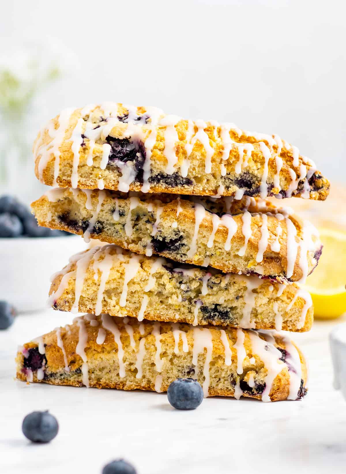 A stack of lemon blueberry scones.