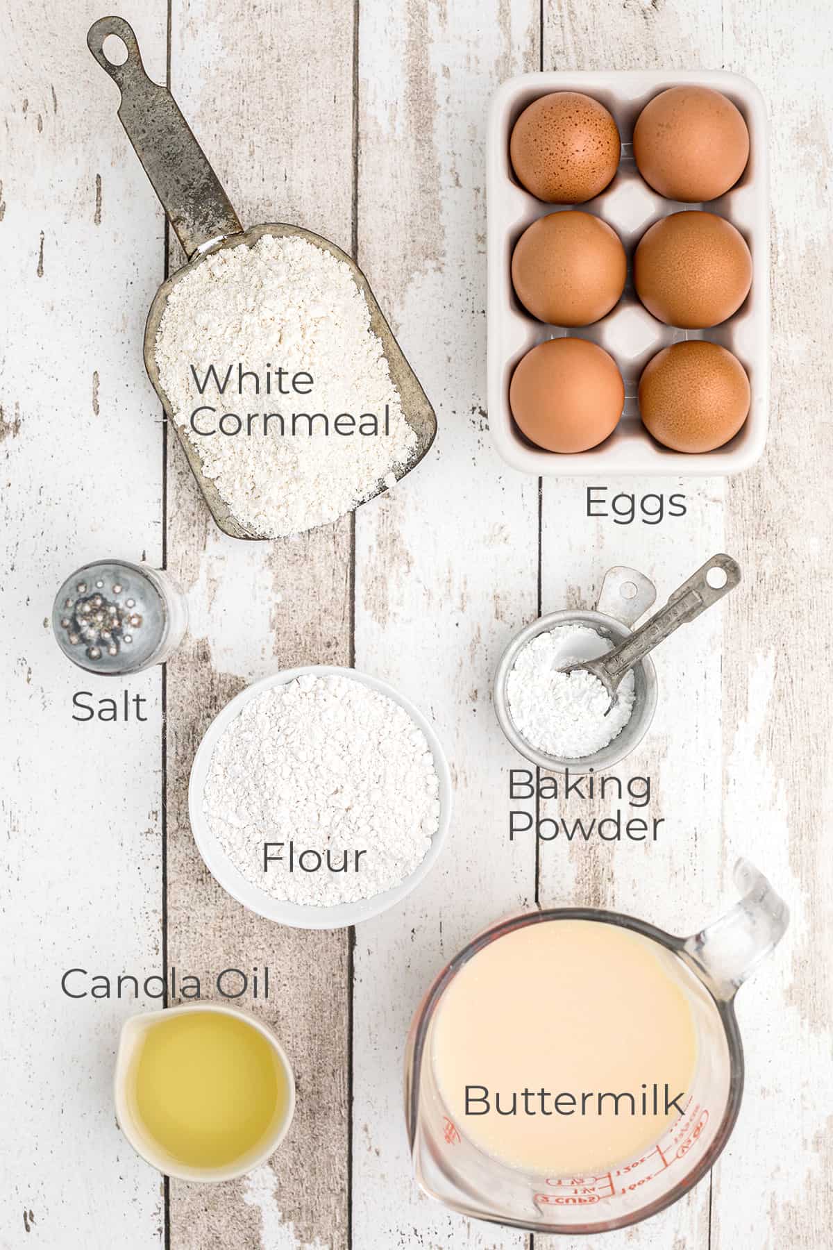 All ingredients needed to make old fashioned cornbread.