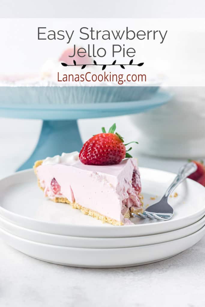 A slice of strawberry jello pie on a white serving plate.