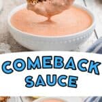 A hand dips a piece of fried food into a bowl of creamy orange comeback sauce, with another bowl of sauce and fried food in the background.