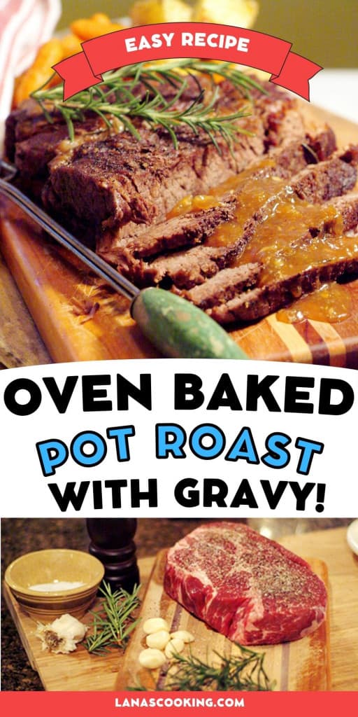 Sliced pot roast with gravy on a wooden board.