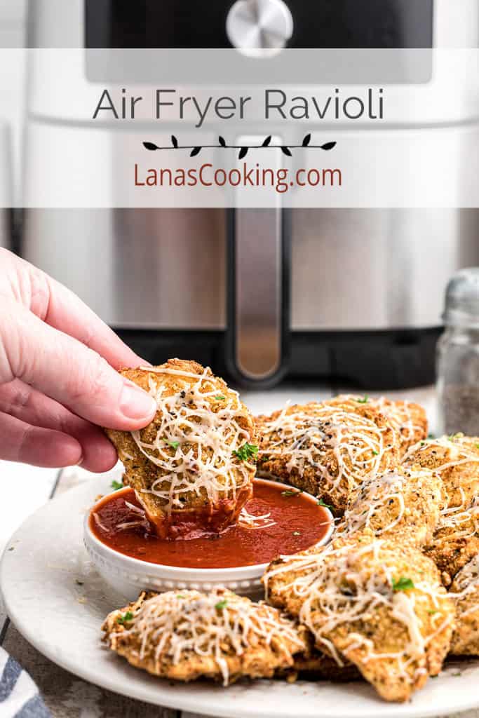 Air fryer ravioli with marinara dipping sauce.