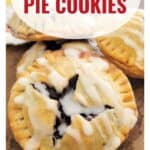 Close-up of blueberry pie cookies drizzled with icing, with text overlay and website URL at the bottom.