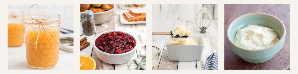 Four foods are shown: jezebel sauce in a jar, cranberry sauce in a bowl, butter in a dish with a knife, and mayonnaise in a small green bowl.
