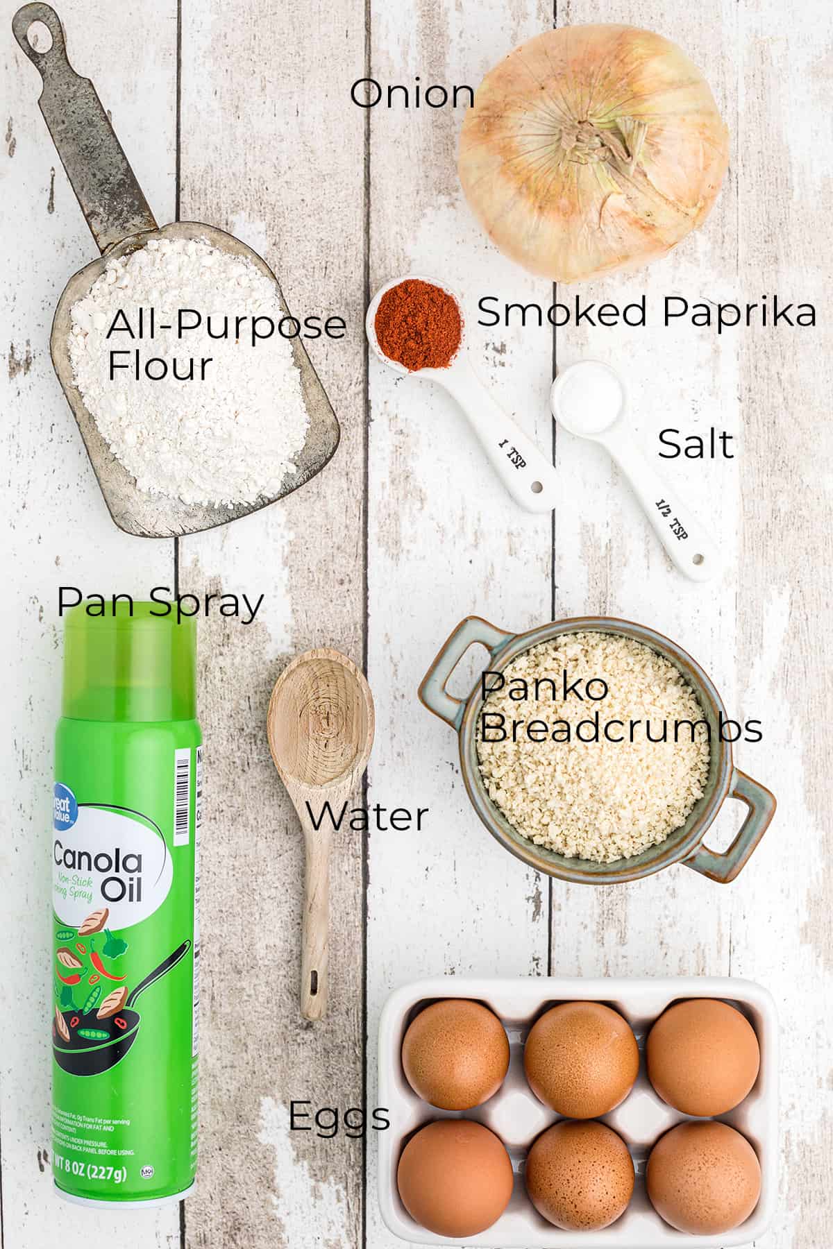 Ingredients needed to make crispy air fryer onion rings.