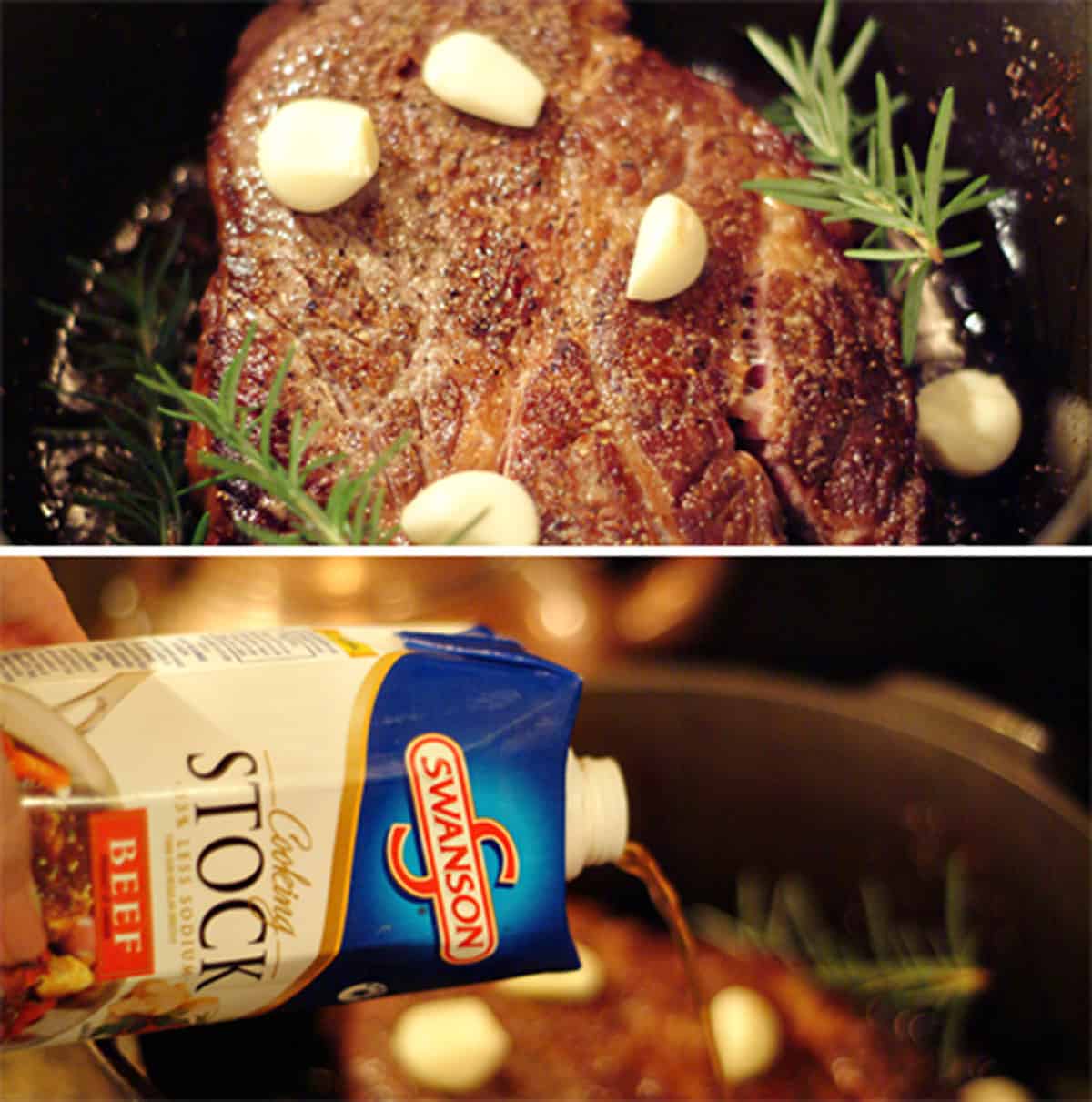 Adding seasonings and broth to the browned pot roast.