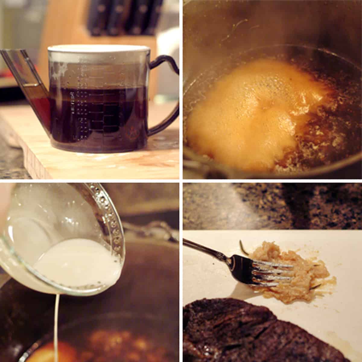 Collage showing steps for making gravy.