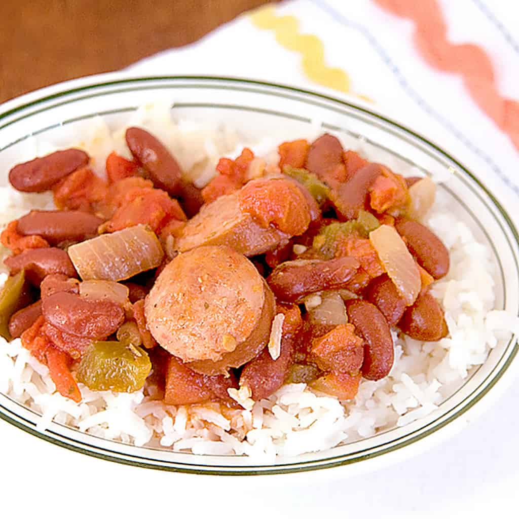 Red beans and rice in a serving bowl.
