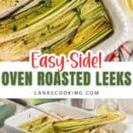 A white baking dish filled with oven-roasted leeks, garnished with herbs, on a kitchen countertop.