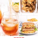 Collage showing fried chicken, pimiento cheese, and sweet tea.