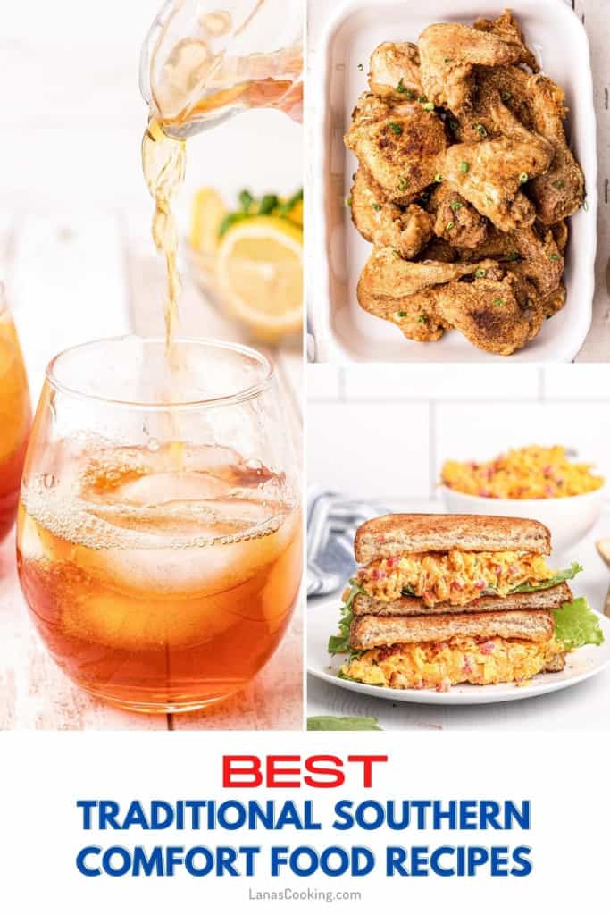 Collage showing fried chicken, pimiento cheese, and sweet tea.
