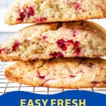 Three scones on a wire cooling rack.
