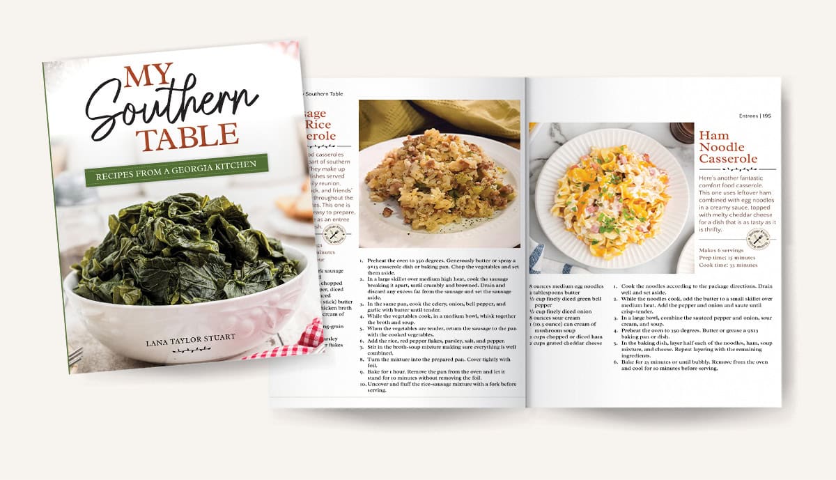 Mockup of pages 194-195 in My Southern Table cookbook.
