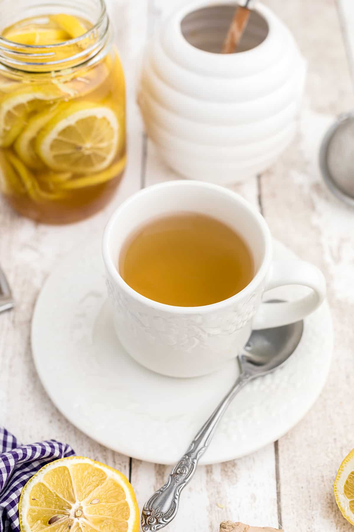 Lemon, honey, and ginger tea.