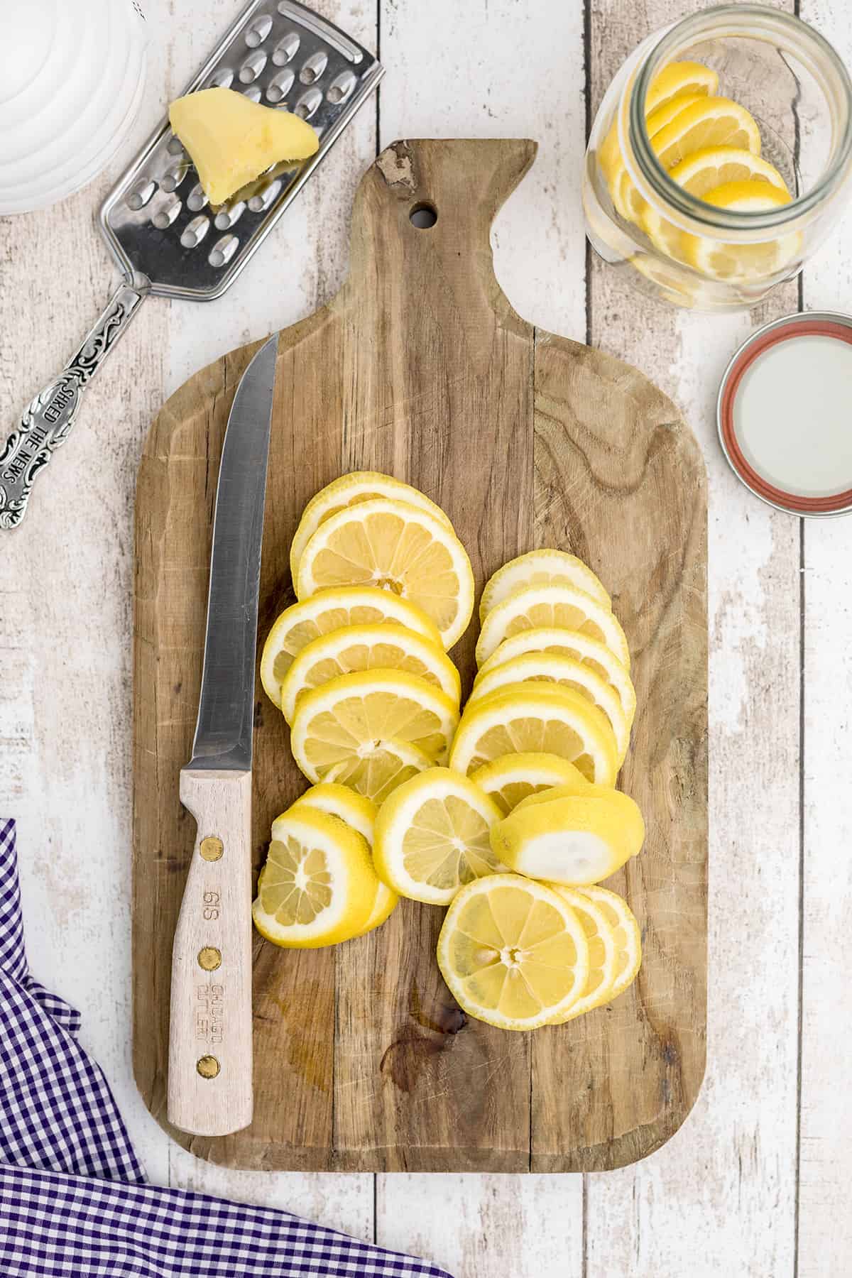 Lemon slices on a cutting board.