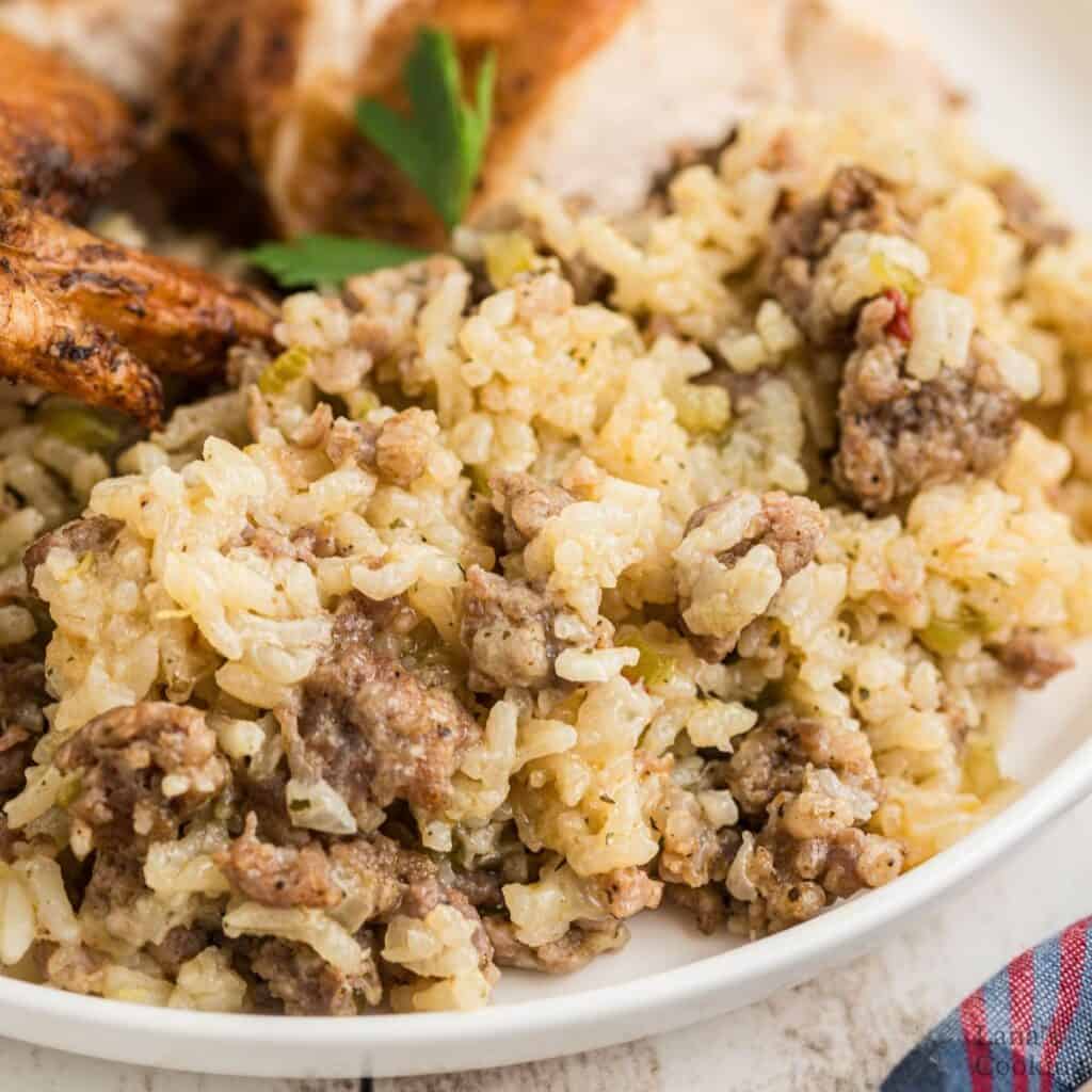 A close-up of a plate with ground beef and rice casserole, garnished with parsley, with pieces of cooked chicken in the background.