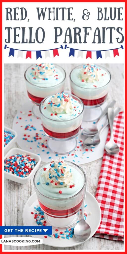 Finished red, white, and blue jello parfaits with sprinkles.