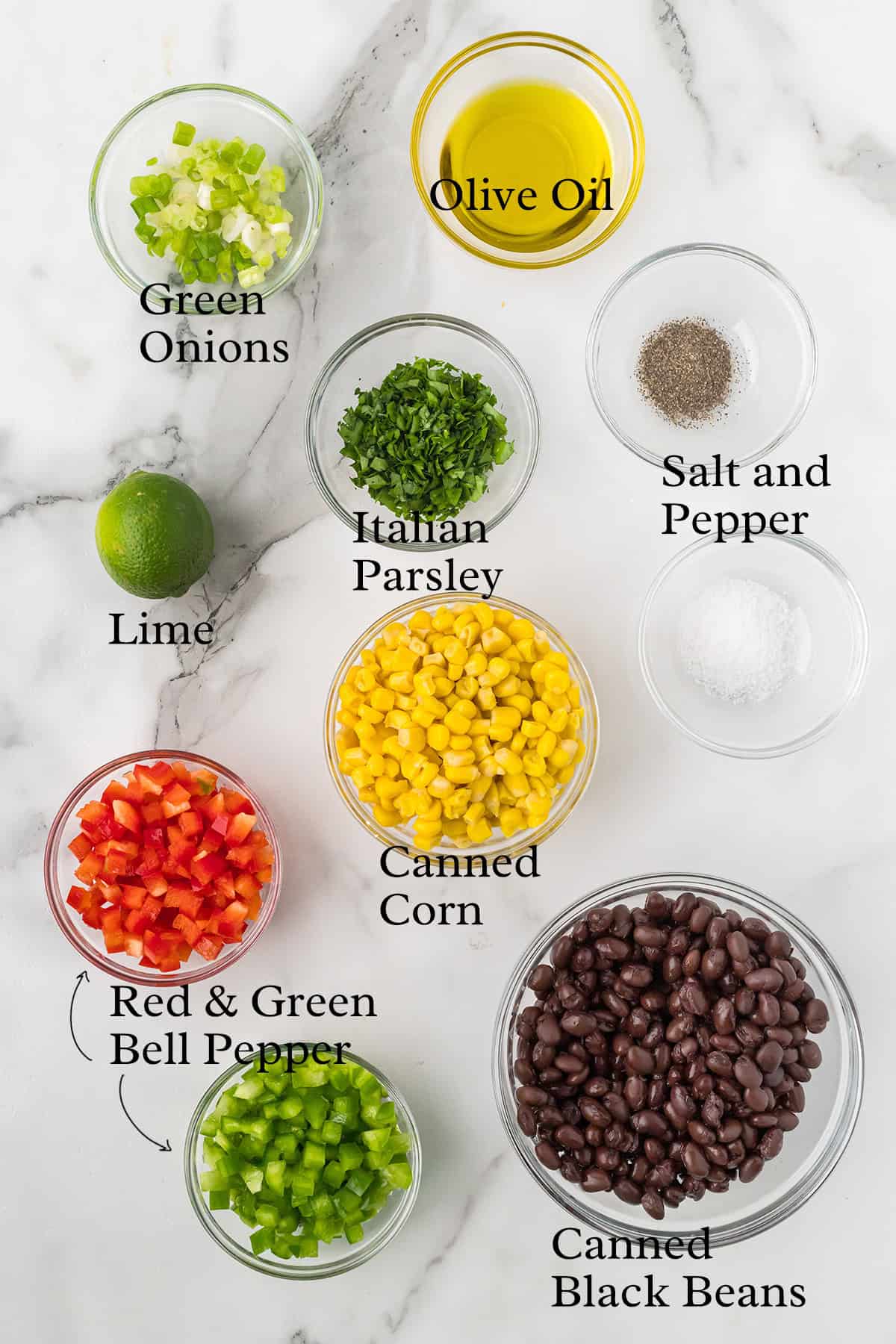 Ingredients needed for black bean and corn salad.