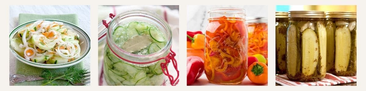 Four types of pickled vegetables are shown: a bowl of pickled cucumbers and carrots, a jar of pickled cucumber slices, a jar of pickled mixed peppers, and several jars of pickled cucumber spears.
