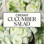 A creamy cucumber salad with sliced cucumbers and fresh dill in a glass bowl, shown close up and served with a spoon. The text reads “Creamy Cucumber Salad” and “lanascooking.com.”.