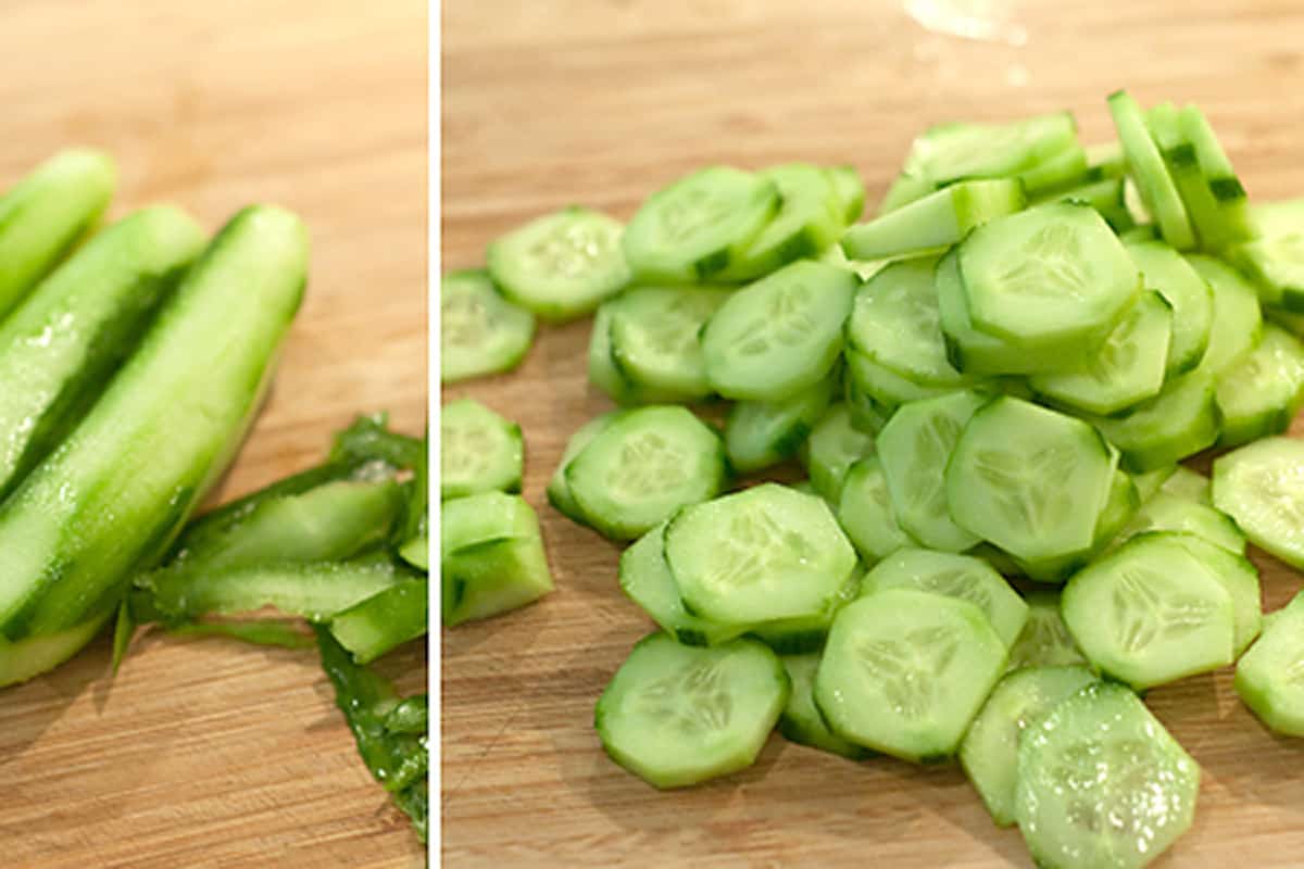 Collage showing peeling and slicing cucumbers.