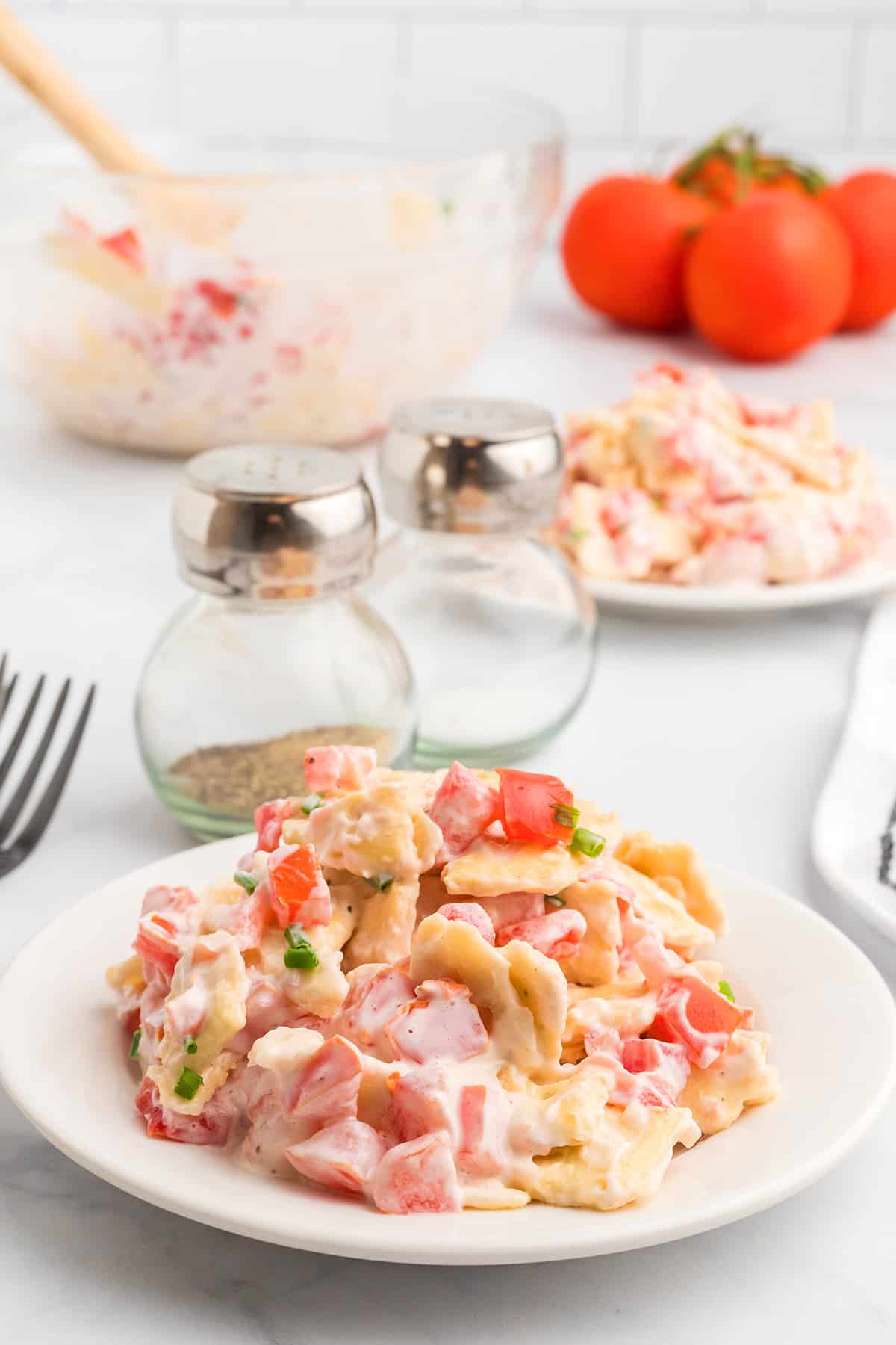 A serving of tomato cracker salad on a white plate.