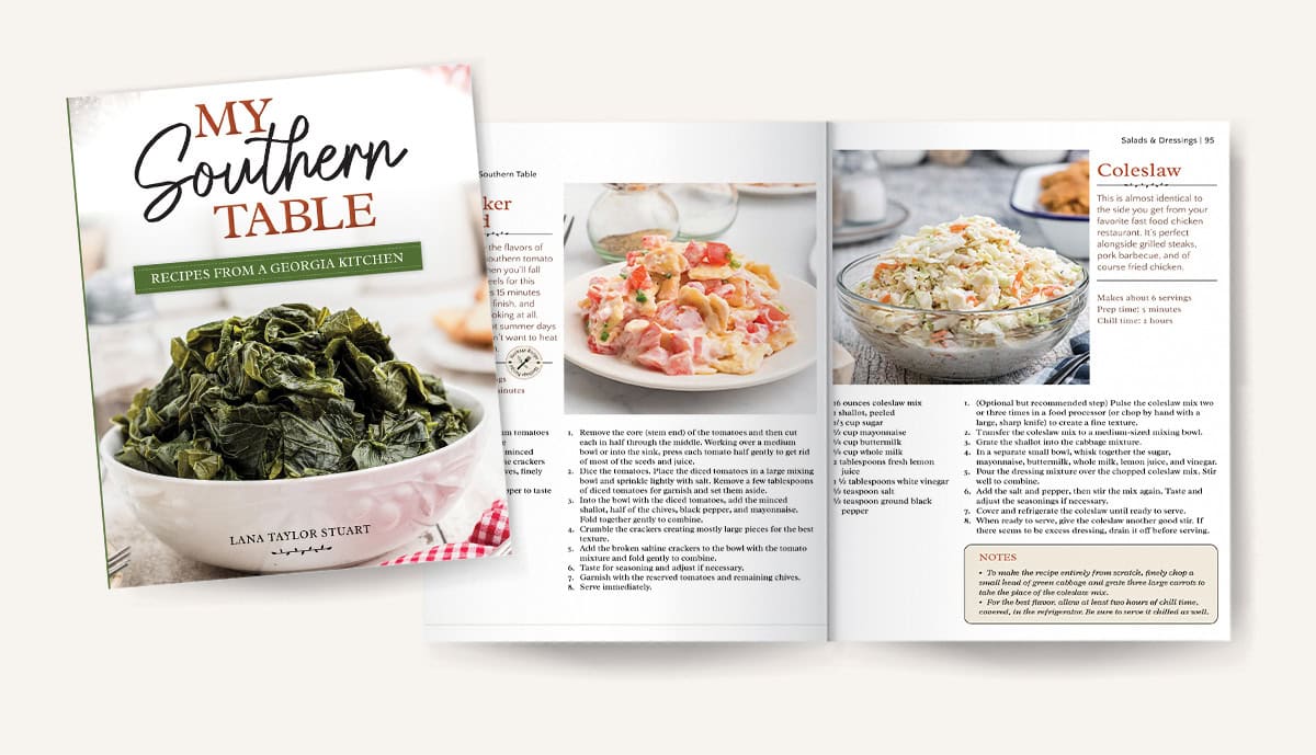 A Southern cookbook cover and open pages showing recipes and photos of cracker salad and coleslaw.