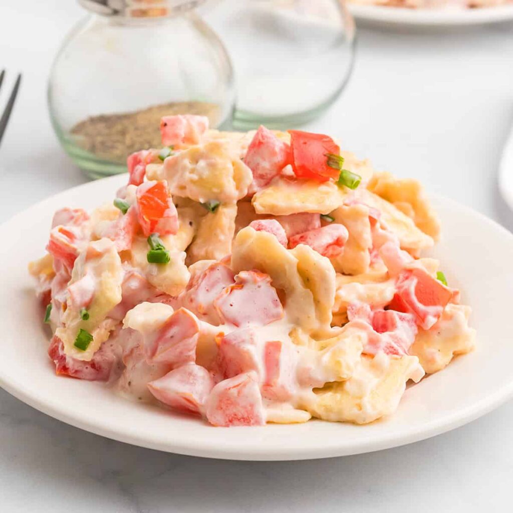 A serving of tomato cracker salad on a white plate.