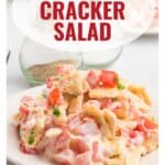 A plate of tomato cracker salad with chopped tomatoes, crackers, and creamy dressing, garnished with green onions.