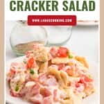 A plate of tomato cracker salad with creamy dressing, garnished with chopped green onions.