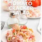 A bowl of creamy tomato cracker salad on a table, with salt, pepper, and tomatoes in the background.