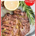 Cooked ribeye steak garnished with fresh rosemary and a lemon slice on a gray tray, with text promoting a citrus marinated ribeye steak recipe.