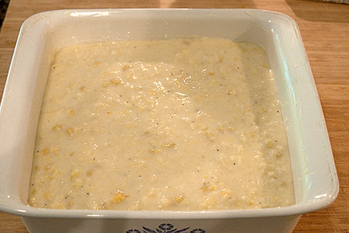 Corn mixture poured into a baking dish.