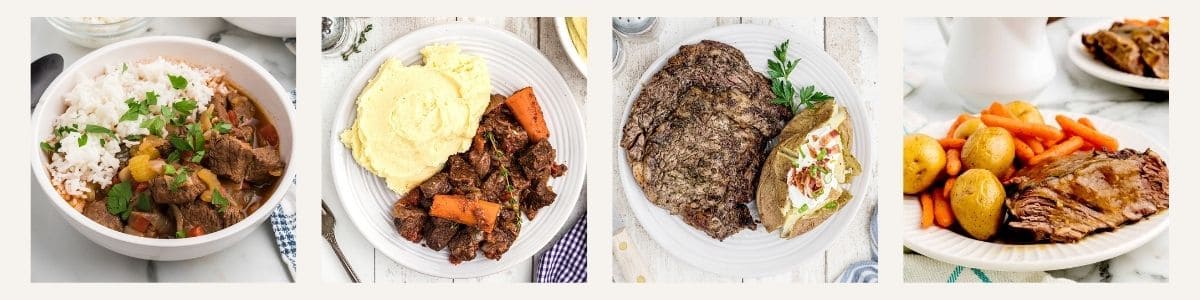 Four plates of beef-based meals displayed side by side: beef stew with rice, pot roast with mashed potatoes and carrots, grilled steak with baked potato, and roast beef with potatoes and carrots.