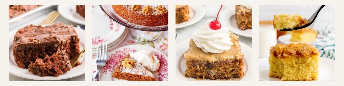 Four different slices of cake are displayed on separate plates, each with distinct toppings like chocolate frosting, powdered sugar, whipped cream with a cherry, and a plain yellow cake.