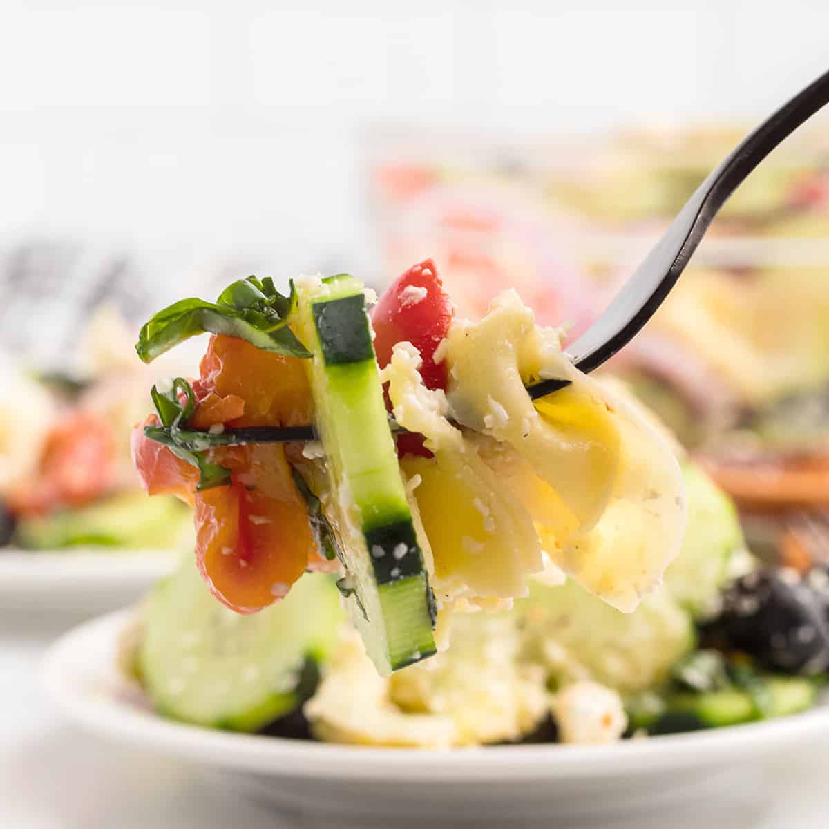 A fork holding one bite of salad.