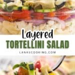 A close-up of a layered tortellini salad in a glass dish, topped with blueberries, cheese, and vegetables, with a serving being scooped out.