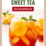 Glass of iced sweet tea with lemon slices and mint, with Southern Iced Sweet Tea text above and a website link.