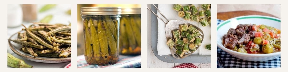 A plate of okra chips, jars of pickled okra, an overhead view of fried okra, and a bowl of creole beef and okra soup.