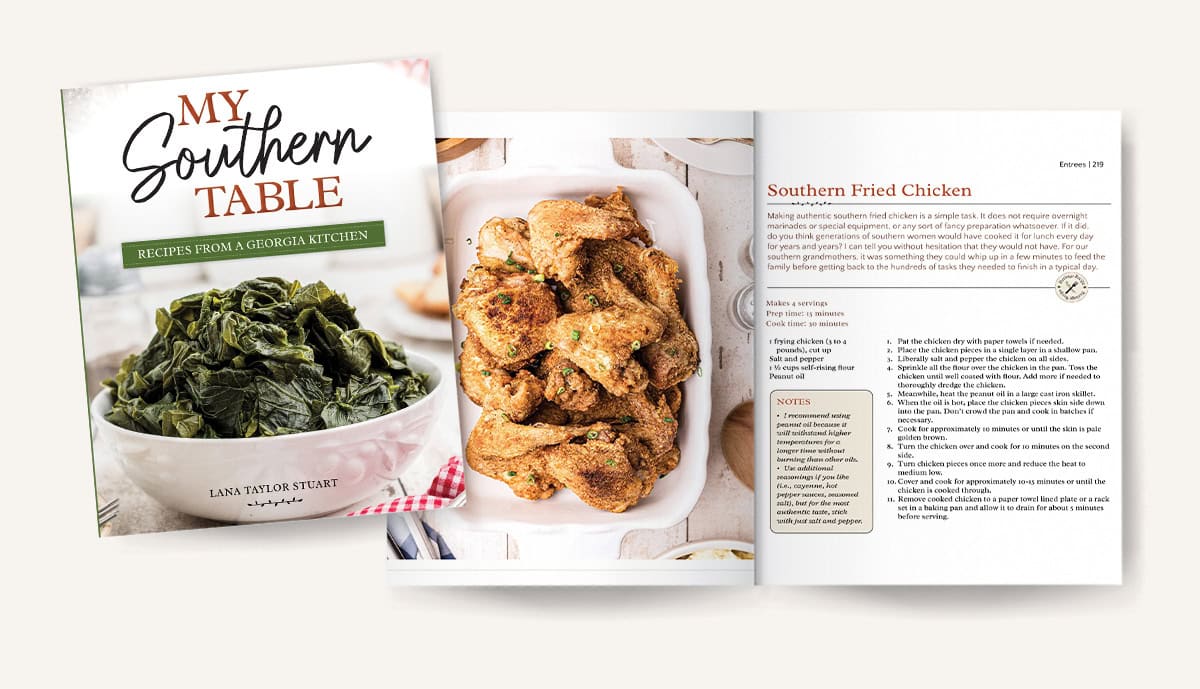 Mockup of pages 218-219 in My Southern Table cookbook.
