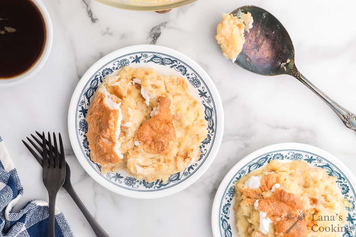 A serving of biscuit pudding on a plate.