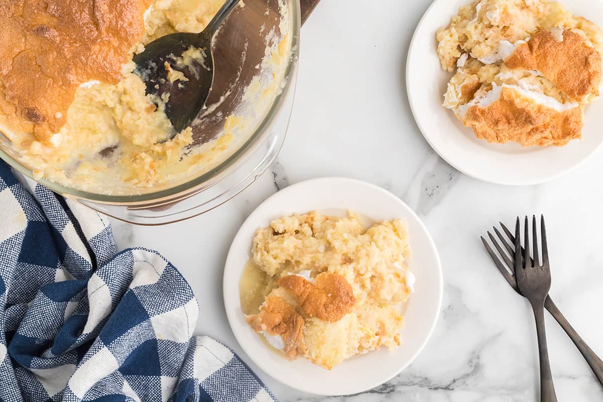 A serving of biscuit pudding on a plate.