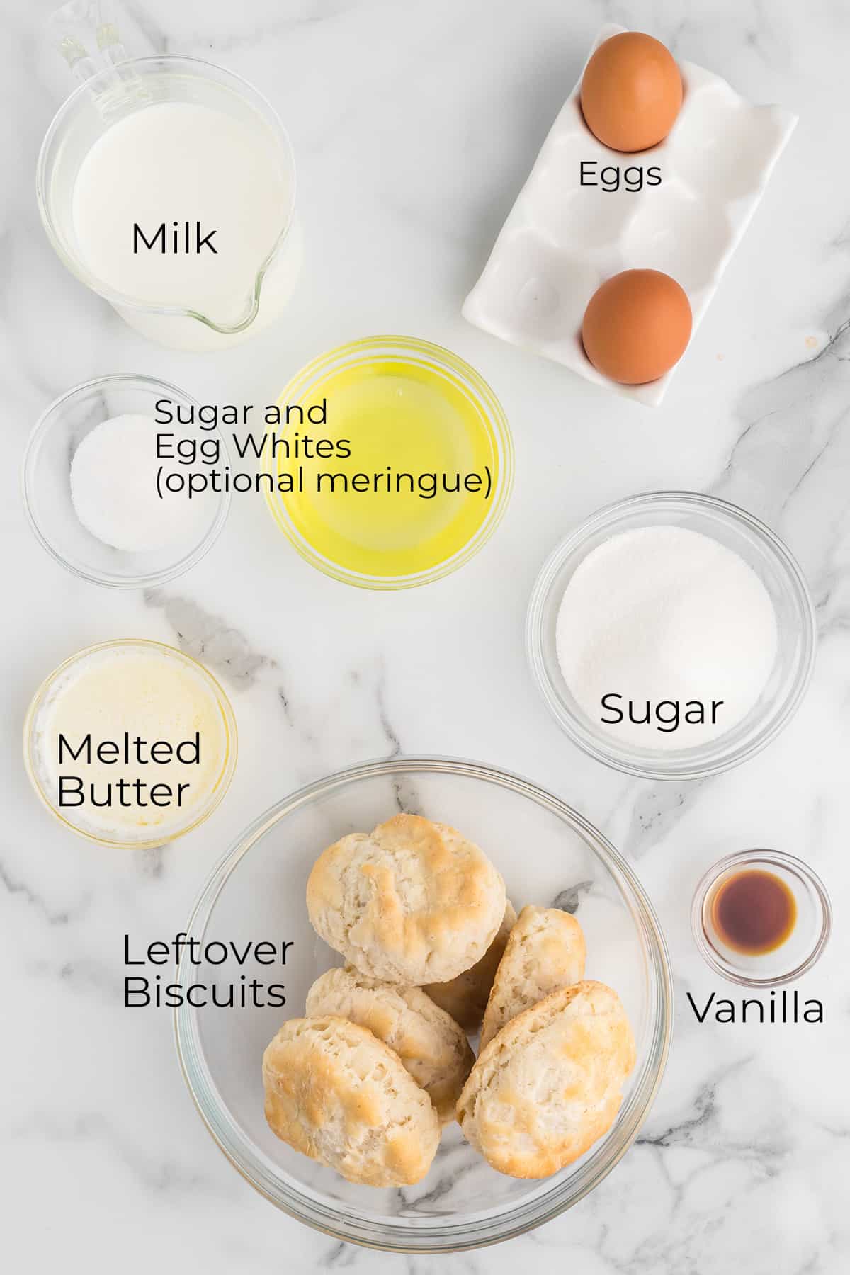 The ingredients needed to make biscuit pudding.