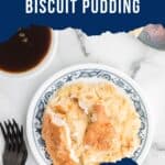 A serving of biscuit pudding on a plate.