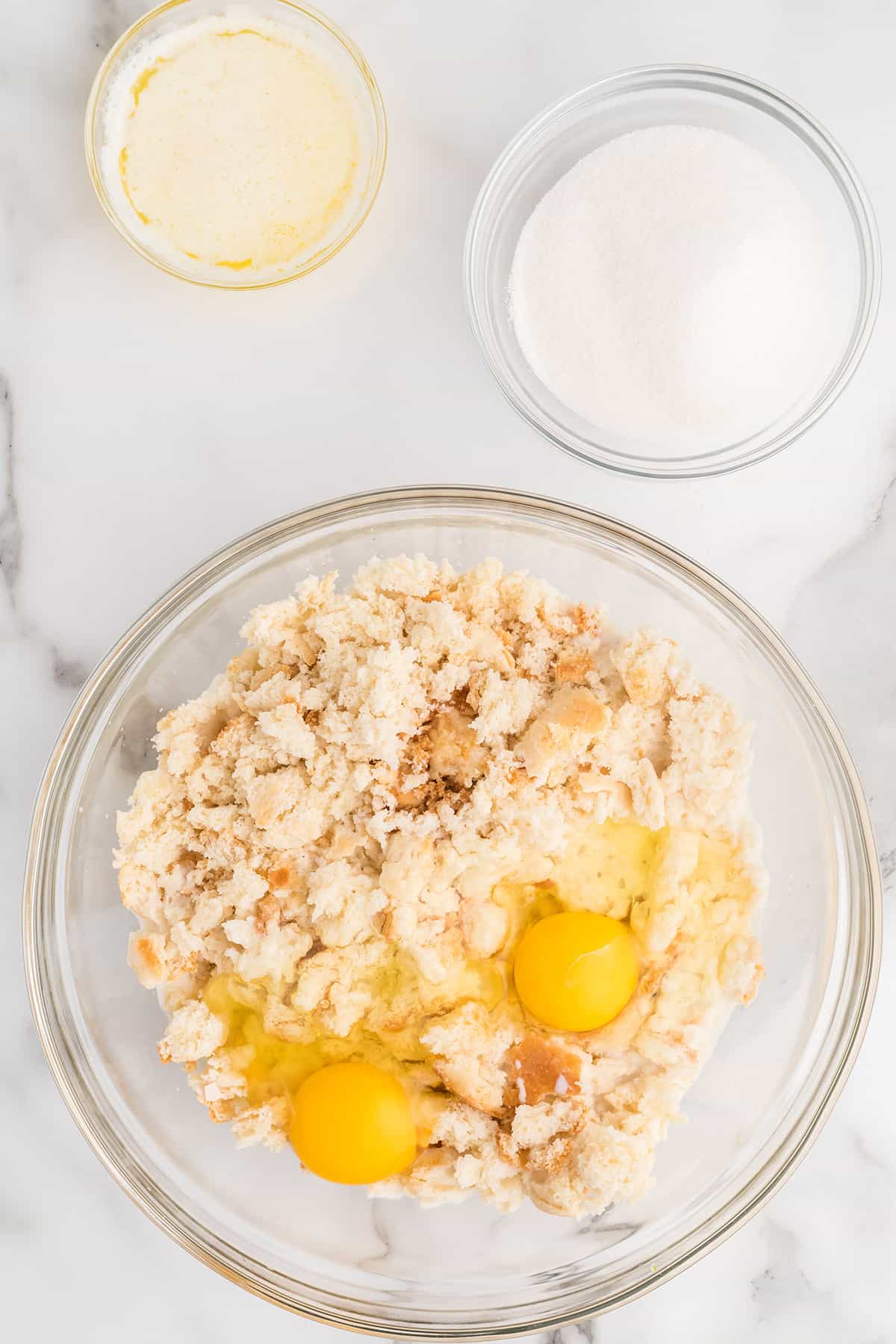 Eggs added to the biscuit and milk mixture.