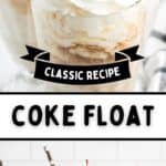 Three Coke floats in tall glasses topped with whipped cream, a cherry, and striped straws, shown in a bright kitchen setting. Text reads Classic Recipe: Coke Float.