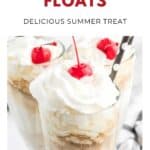 Three glasses of Coke floats topped with whipped cream and cherries, with straws, on a white background.