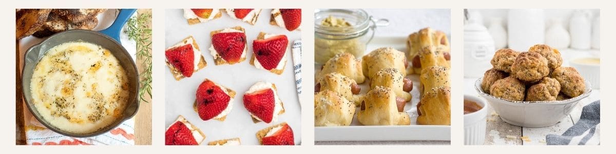 Four different appetizer dishes: a skillet of melted cheese dip, strawberry and cheese crostini, ham and cheese stuffed rolls, and a bowl of meatballs with dipping sauce.
